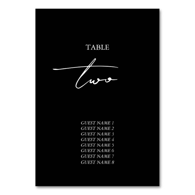 Black & White Calligraphy Signature Script Wedding Table Number (Front)