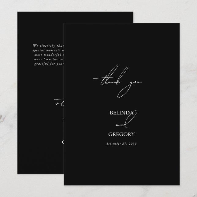 Black & White Calligraphy Signature Script Wedding Thank You Card (Front/Back)