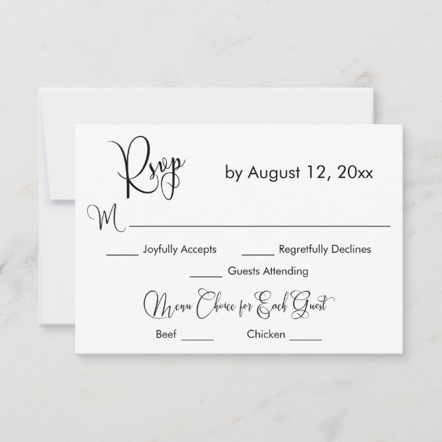 Black & White Calligraphy Simple Menu Choice RSVP (Front)