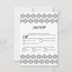 Black & White Calligraphy Vintage Damask Wedding RSVP Card
