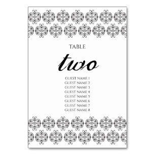 Black & White Calligraphy Vintage Damask Wedding Table Number