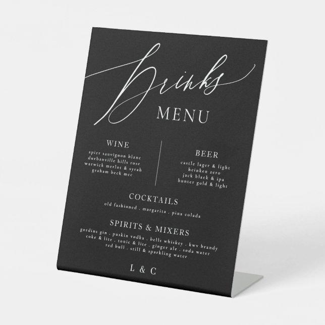 Black White Calligraphy Wedding Bar Drink Menu Pedestal Sign (Front)