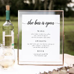 Black & White Calligraphy Wedding Bar Menu Sign<br><div class="desc">Invite guests to grab a favourite libation from the bar with our charming wedding bar menu sign. 11x14 poster features the headline "the bar is open" in crisp black calligraphy script and block lettering. Personalize with your wine,  beer and spirits selections beneath.</div>