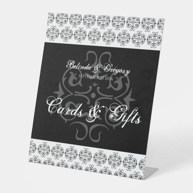 Black & White Calligraphy Wedding Cards & Gifts Pedestal Sign (Front)