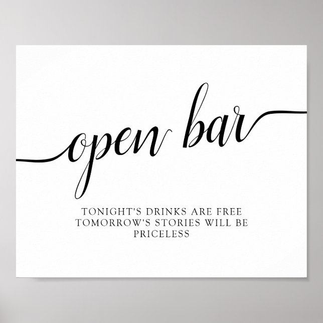 Black & White Calligraphy Wedding "Open Bar" Sign (Front)