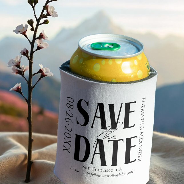Black & White Calligraphy Wedding Save the Date Can Cooler (Creator Uploaded)