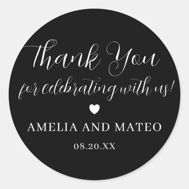 Black White Calligraphy Wedding Thank You Favour Classic Round Sticker (Front)