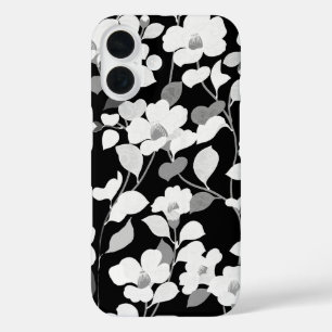 BLACK WHITE CAMELLIAS,LEAVES Dark  Floral iPhone 16 Case