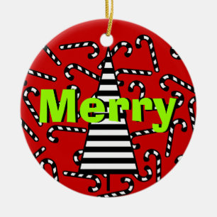 Black & White Candy Cane & Xmas Tree Ceramic Ornament