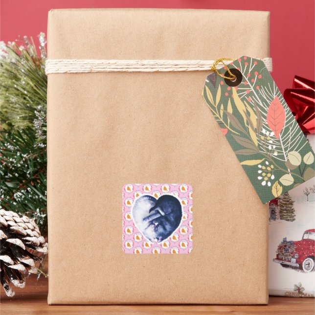 Black White Cat Bird Love Watercolor Square Sticker (Holiday)