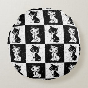 Black White  Cat Chequered Block Print Round Pillow