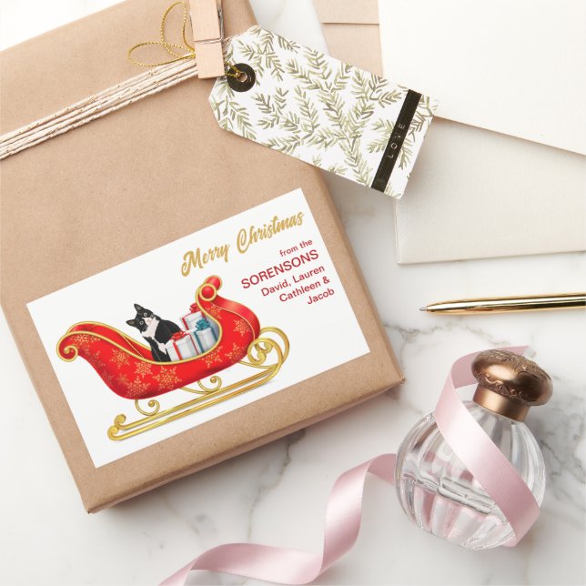 Black White Cat Christmas Gift Sleigh Sticker (Gifting)