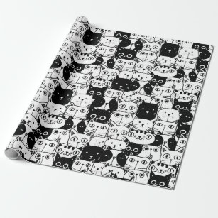Black & White Cat Faces Pattern Birthday Party Wrapping Paper