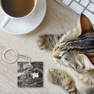 Black White Cat Gargoyle Business Logo Keychain