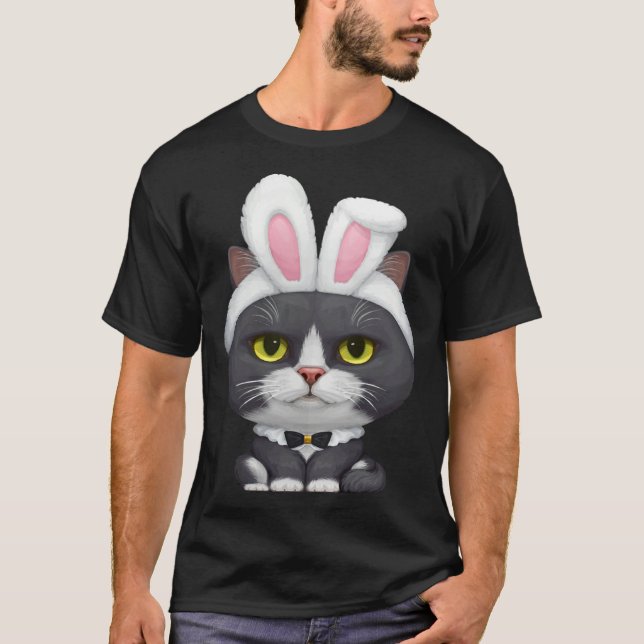 Black & White Cat in the Easter Bunny Costume T-Shirt (Front)