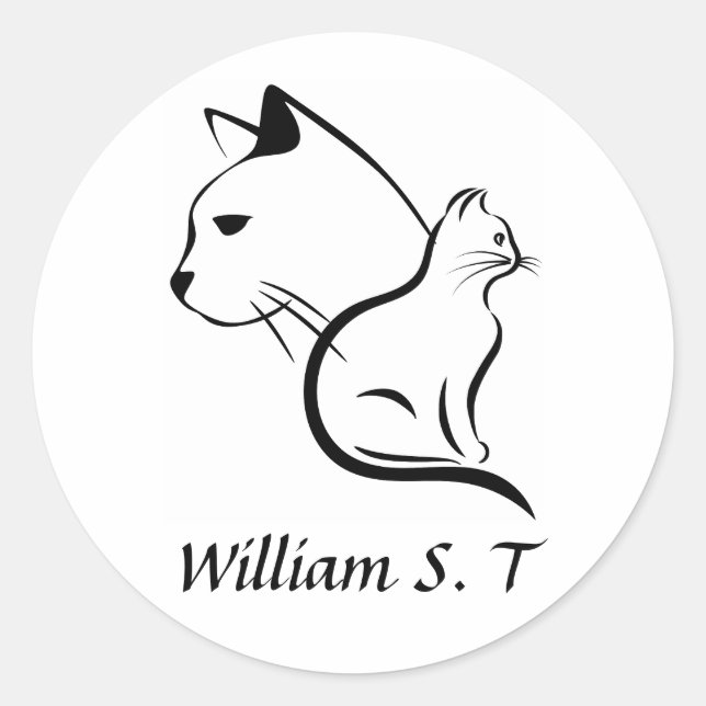 Black & White Cat Line Art with Personalized Name Classic Round Sticker (Front)