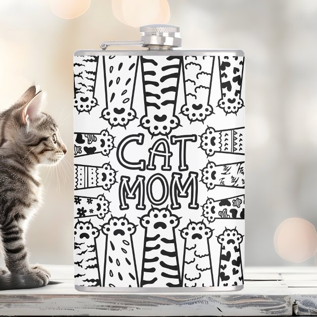 Black & White Cat Mom Paw Print Design Hip Flask (Creator Uploaded)