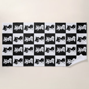 Black White  Cat Monogram Block Print Beach Towel
