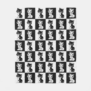 Black White Cat Monogram Block Print Fleece Blanket