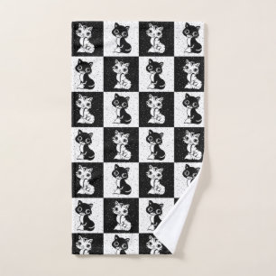 Black White  Cat Monogram Block Print Hand Towel