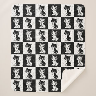 Black White  Cat Monogram Block Print Sherpa Blanket