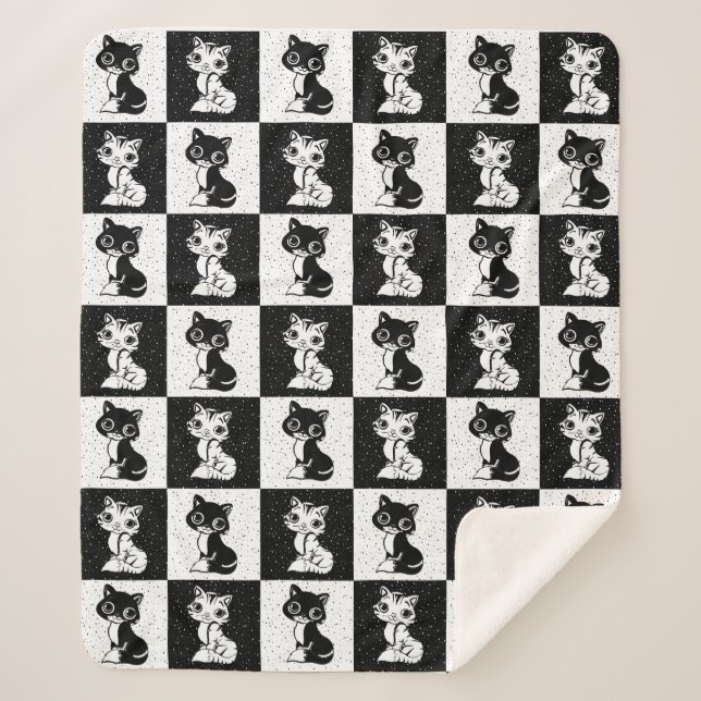 Black White  Cat Monogram Block Print Sherpa Blanket (Front)