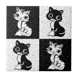 Black White  Cat Monogram Block Print Tile