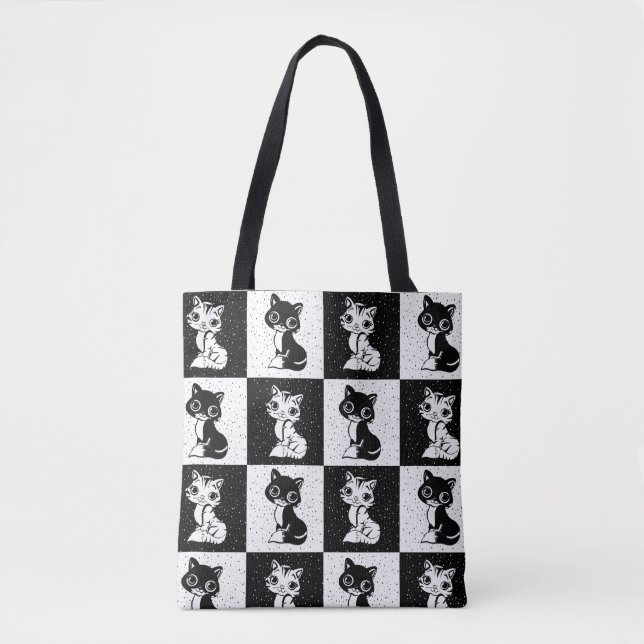 Black White  Cat Monogram Block Print Tote Bag (Front)