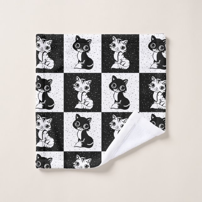 Black White  Cat Monogram Block Print Wash Cloth (Wash Cloth)