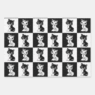 Black White  Cat Monogram Block Print Wrapping Paper Sheet