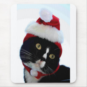 Black & White Cat Santa Hat looking left no frame Mouse Pad
