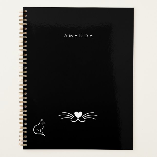 Black White Cat Simple Minimalist Personalize Planner (Front)