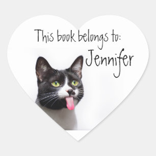 Black White Cat Sticking Tongue Out Heart Sticker
