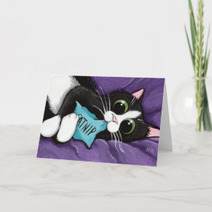 Black & White Cat with Catnip Pillow — Cat Art Card