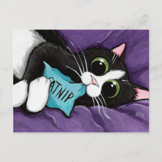 Black & White Cat with Catnip Pillow - Cat Art Postcard