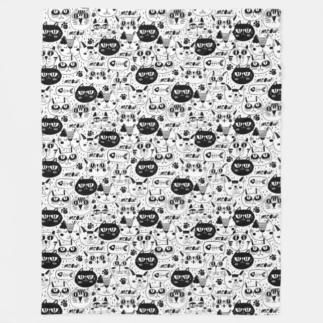 Black white cats faces pattern fleece blanket (Front)