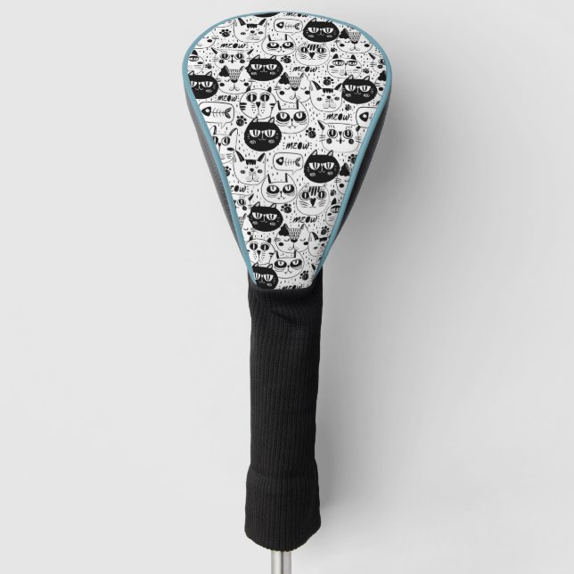 Black white cats faces pattern golf head cover (Front)