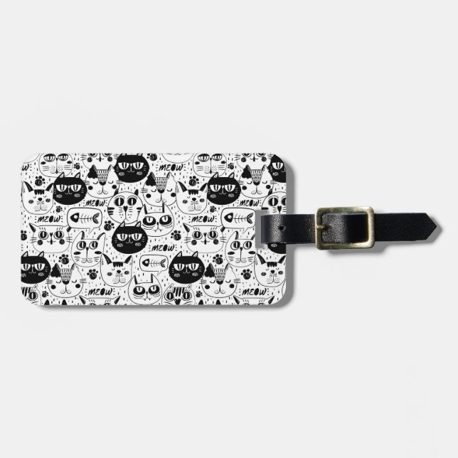 Black white cats faces pattern luggage tag (Front Horizontal)