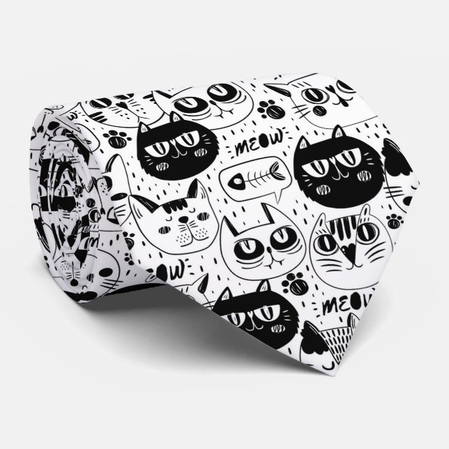 Black white cats faces pattern tie (Rolled)