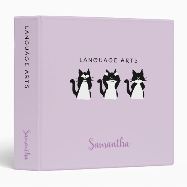 Black White Cats Purple Custom Name School Subject Binder (Front/Spine)