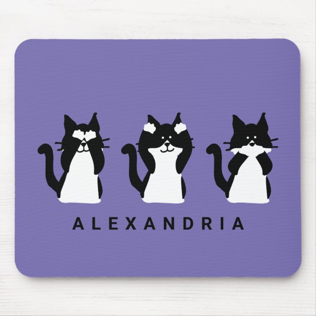 Black White Cats | Three Wise Kitties Purple Mouse Pad (Front)