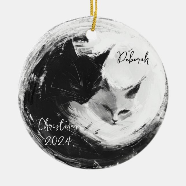 Black White Cats Ying Yang Personalized Ornament (Front)