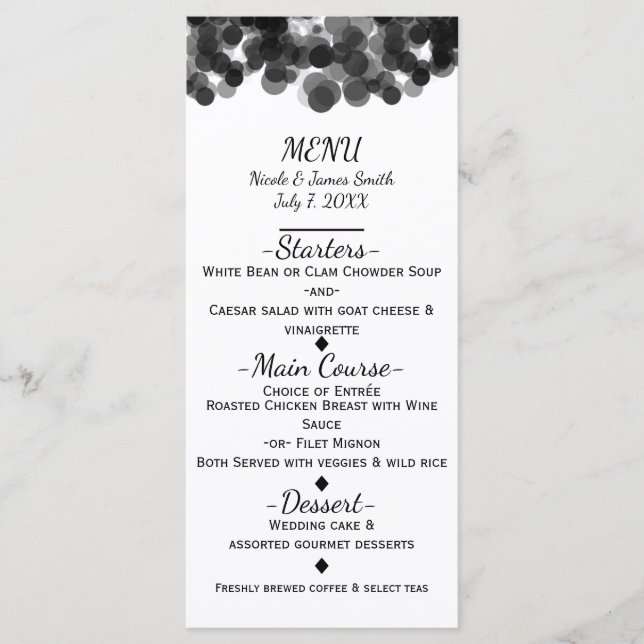 Black & White Caviar Dots Modern Wedding Menu (Front)