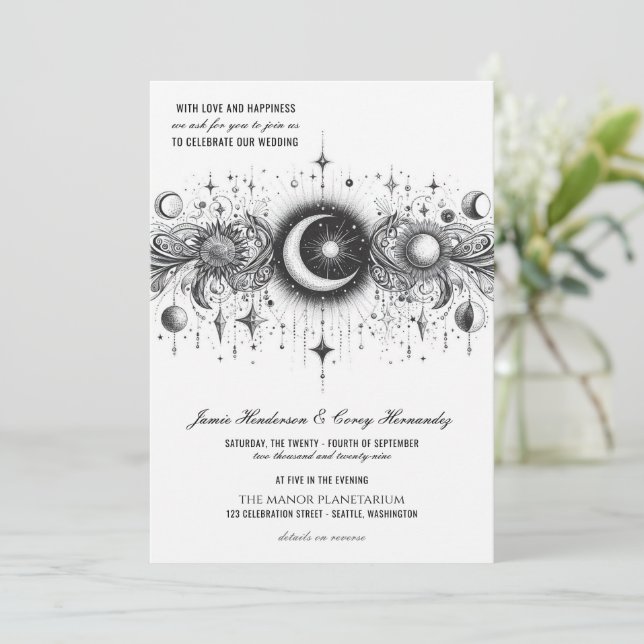 Black & White Celestial with QR Code Wedding Invitation (Standing Front)