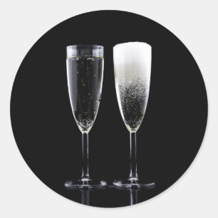 Black White Champagne Bottle Flute Glasses Festive Classic Round Sticker