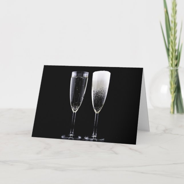 Black White Champagne Bottle Flute Glasses Festive Holiday Card (Front)