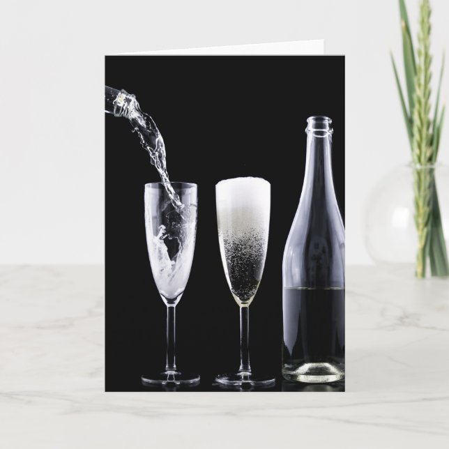 Black White Champagne Bottle Flute Glasses Festive Holiday Card (Front)
