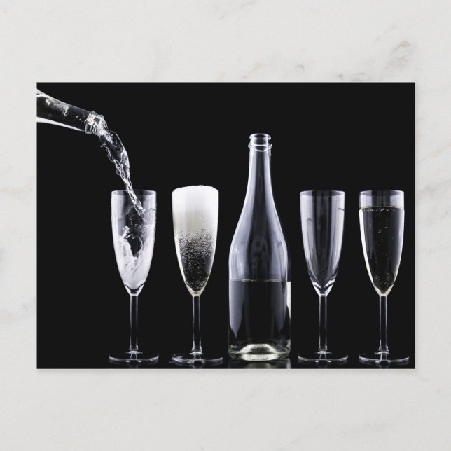 Black White Champagne Bottle Flute Glasses Festive Postcard (Front)