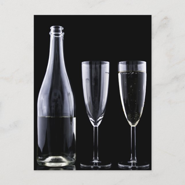 Black White Champagne Bottle Flute Glasses Festive Postcard (Front)
