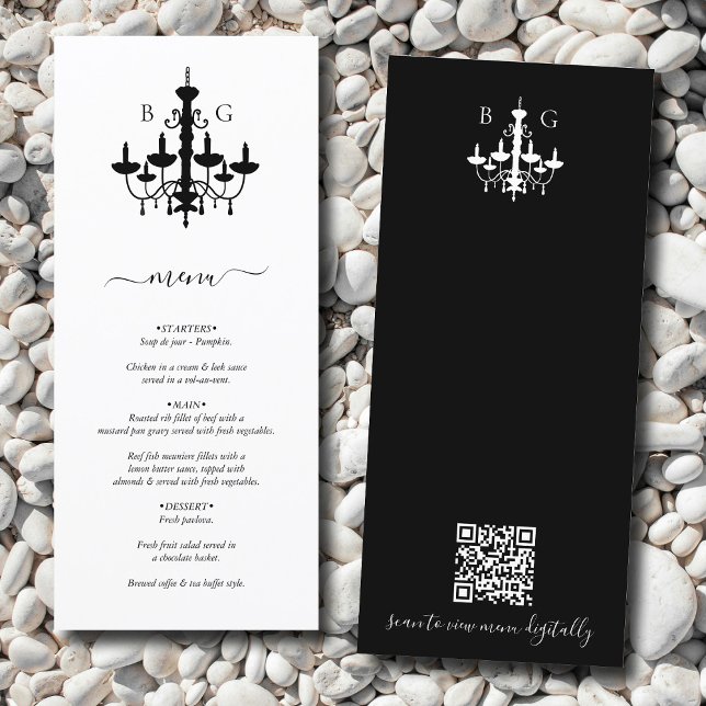 Black White Chandelier Monogram Wedding QR Code Menu (Black White Chandelier Monogram Wedding QR Code Menu)